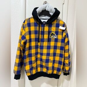 RAMS Men's Gold/Navy Los Angeles Rams Check Sherpa Flannel Quarter-Zip Hoodie L
